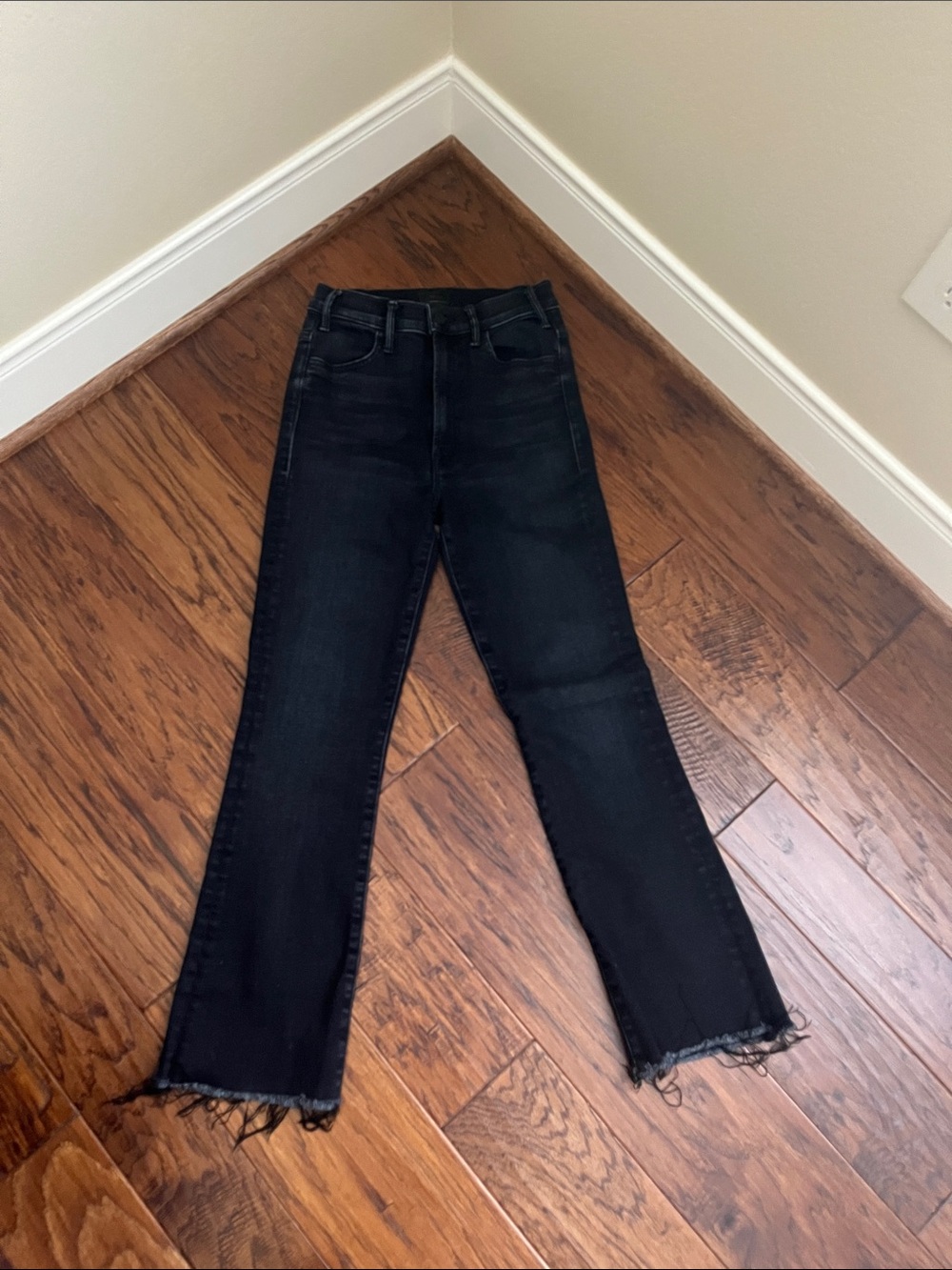 MOTHER Black High-Rise Flare Jeans with Frayed Hem